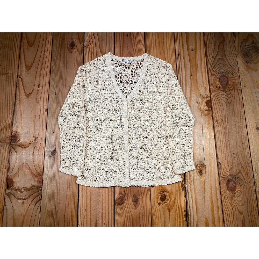 Vintage 90s Hand Crocheted Open Knit Cardigan, Cream Women's Medium